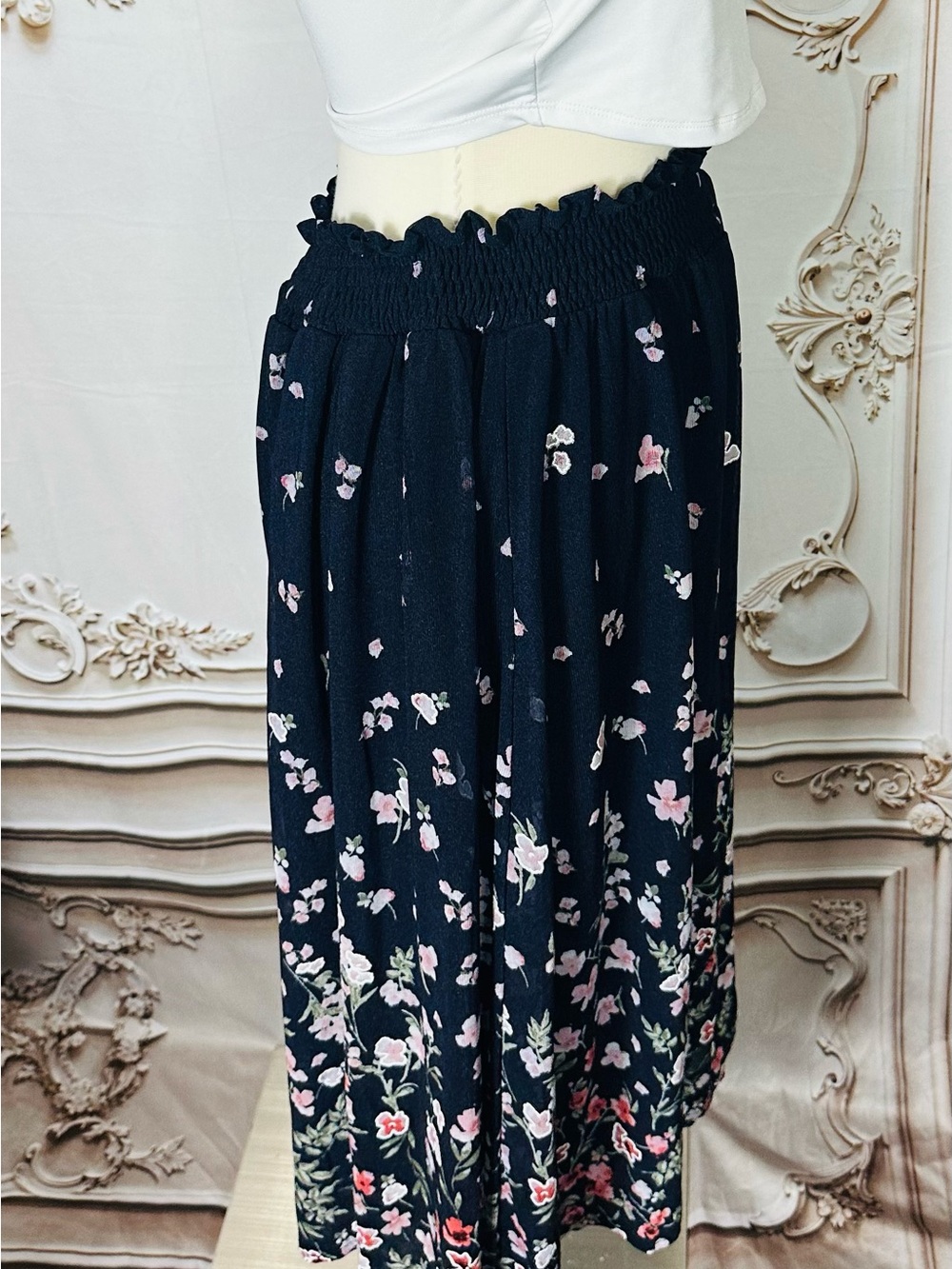 Navy Floral Smocked Waist Midi Skirt - Picture 6 of 11